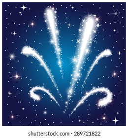 Glowing background salute and firework with transparent sparkle stars. Night sky with stars. Vector illustration