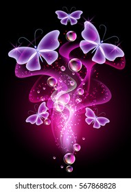 Glowing background with smoke, bubbles and butterflies