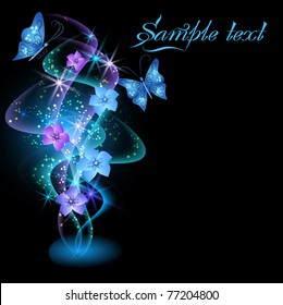 Glowing background with smoke, flowers and butterflies