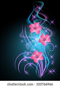 Glowing background with smoke and transparent flowers