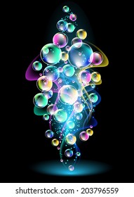Glowing background with smoke and  versicoloured bubbles