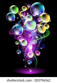 Glowing background with smoke and  versicoloured bubbles