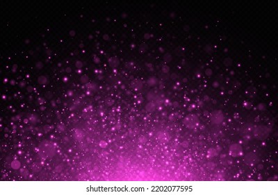 Glowing background of sparkles particles. Pink glitter light effect. Blurred bokeh twinkle on transparent background.