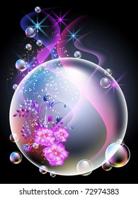 Glowing background with sphere, flowers, smoke, stars and bubbles