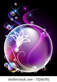 Glowing background with sphere, flowers, smoke, stars and bubbles