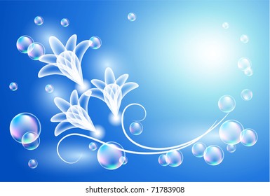 Glowing background with transparent flowers and bubbles