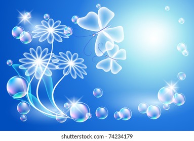 Glowing background with transparent flowers and bubbles