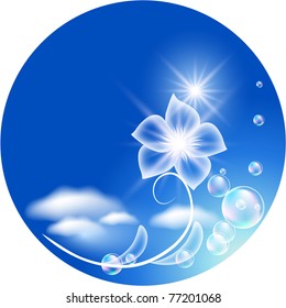Glowing background with transparent flowers and bubbles