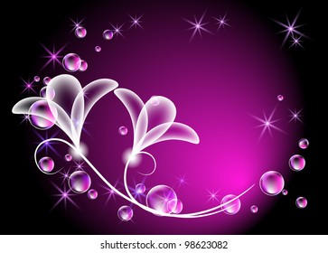 Glowing background with transparent flowers and bubbles
