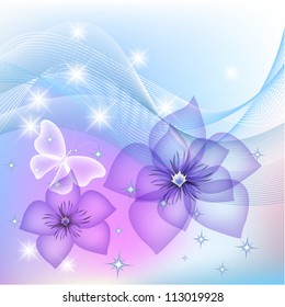 Glowing background with transparent flowers and butterfly