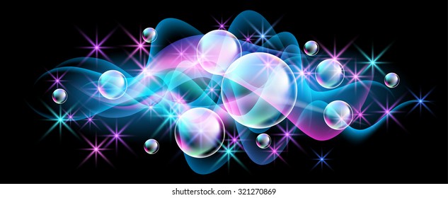 Glowing background with versicoloured bubbles and smoke