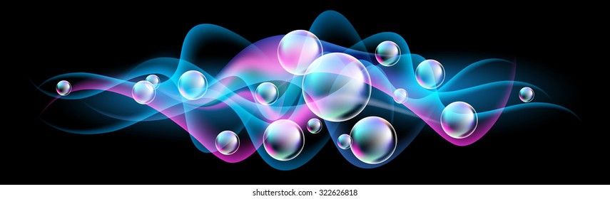 Glowing background with versicoloured bubbles and smoke