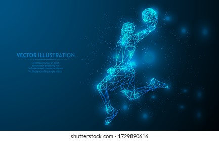 Glowing basketball on blue abstract background. low poly basketball backgraound. lines and triangles on blue background. 