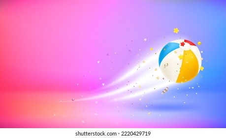 Glowing beach ball with confetti. 3d vector banner with copy space