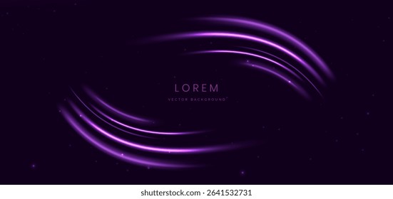 Glowing beam purple curved rays on dark purple background. Vector illustration