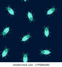 Glowing beetles on a dark background. Seamless vector illustration. For textile decoration, packaging, web design.