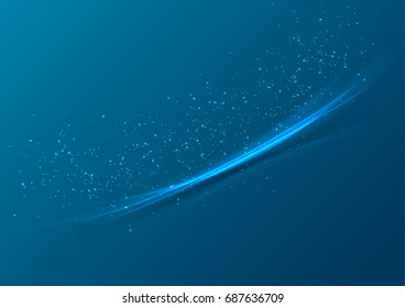 Glowing bent lines on a blue background with lots of sparks. Elegant abstract background