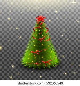 Glowing Big Beautiful Christmas tree with  christmas lights, red bows with ribbons garland  isolated on transparent background. Realistic design elements. Vector illustration. 