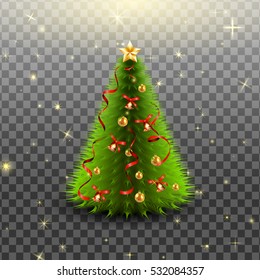 Glowing Big Beautiful Christmas tree with  golden balls, bells, christmas lights, red bows with ribbons  isolated on transparent background. Realistic design elements. Vector illustration. 