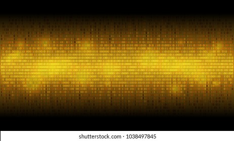 Glowing binary code golden abstract background, glowing cloud of big data, stream of information, well organized layers