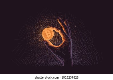 Glowing Bitcoin coin in hand illustration. Vector.