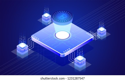 Glowing bitcoin server connected with local servers on blue background for Crypto Mining concept.