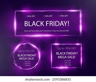 Glowing Black Friday sale banner with bright light frame, discount percentages, and call-to-action text on dark purple background.
