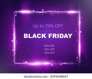 Glowing Black Friday sale banner with bright light frame, discount percentages, and call-to-action text on dark purple background.	