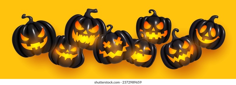 Glowing black pumpkins levitate on a yellow background. Halloween inflatable pumpkin for holiday. Collection of 3d objects. Vector illustration