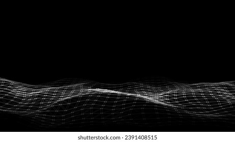 Glowing black wave with motion dots and lines. Abstract vector digital glitch background. Concept connection big data. Futuristic technology backdrop.