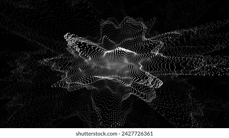 Onda negra brillante con puntos de movimiento y vista superior. Fondo digital abstracto. Explosión de partículas. Concepto de conexión de datos masivos. Tecnología futurista de fondo. Ilustración vectorial.