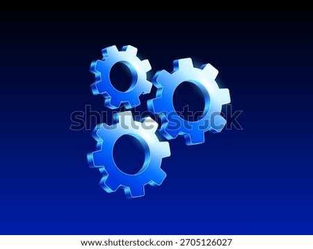 a glowing blue 3d gear icon set featuring three interlocking cogs on a dark blue gradient background