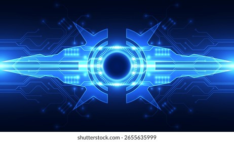Ein leuchtend blauer abstrakter futuristischer Interface-Hintergrund mit Schaltkreisleitungen und digitalen Elementen. Ideal für Themen rund um Cyber-Technologie, künstliche Intelligenz und virtuelle Systeme.

