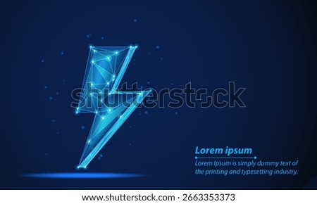 A glowing blue Abstract lightning bolt made of connected geometric lines and bright nodes, low poly wireframe set against a dark background with scattered Energy sign light particles,speed, technology