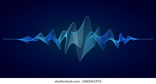 Glowing blue abstract soundwave, digital music equalizer frequency illustration, AI assistant voice.