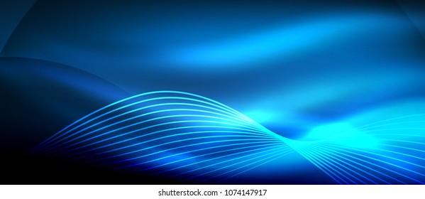 Glowing blue abstract wave on dark, shiny motion, magic space light. Vector techno abstract background