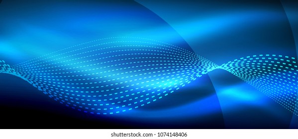 Glowing blue abstract wave on dark, shiny motion, magic space light. Vector techno abstract background