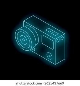 Contorno azul brilhante da câmera de ação sobre fundo preto representando tecnologia moderna e fotografia de aventura