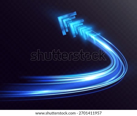 Glowing blue arrow light trail with bright reflection and deep perspective, shining motion path creating distant light effect, futuristic luminous energy flow on transparent background.