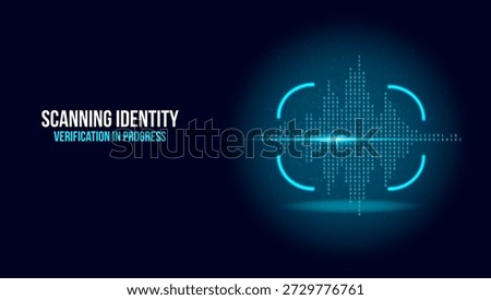Glowing blue audio waveform composed of binary data bits on a dark background. This high-tech biometric voice scanning interface features HUD elements and verification text, ideal for illustrating AI speech analysis and cybersecurity authentication.