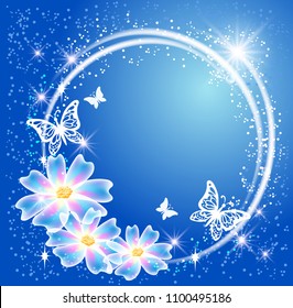 Glowing blue background with round frame,  transparent flowers, butterfly and sparkle stars