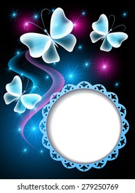Glowing blue background with transparent butterflies and round openwork  frame for text or photo