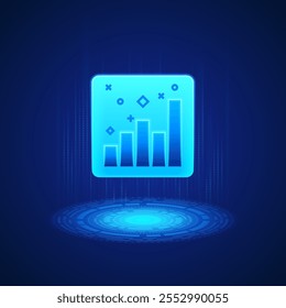 A glowing blue bar chart icon with five bars of varying heights. The icon is surrounded by geometric shapes and is set against a dark blue background with a circular digital pattern below it.