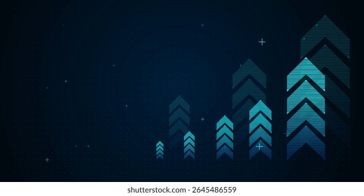 A glowing blue bar chart with The layout places arrows on the right side, allowing negative space on the left for overlaying text or design elements. vector illustration