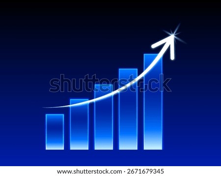 Glowing blue bar chart with an upward arrow symbolizing business growth and success. 3d vector illustration