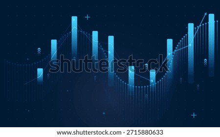 Glowing blue bars rise and fall along a flowing line, visualizing dynamic market cycles and recovery for market up trend. vector illustration