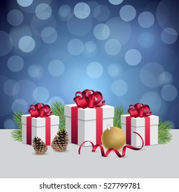 Glowing blue bokeh background and christmas gift boxes with decorations