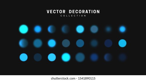 Glowing blue bokeh lights. Sparkles vibrant blurry round dots glow texture. Set of design elements.