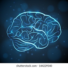 Glowing blue brain contours on black background. EPS10 vector medical background.