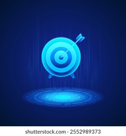 Glowing blue bullseye target with an arrow hitting the center, set against a dark blue background with digital elements and a circular platform below